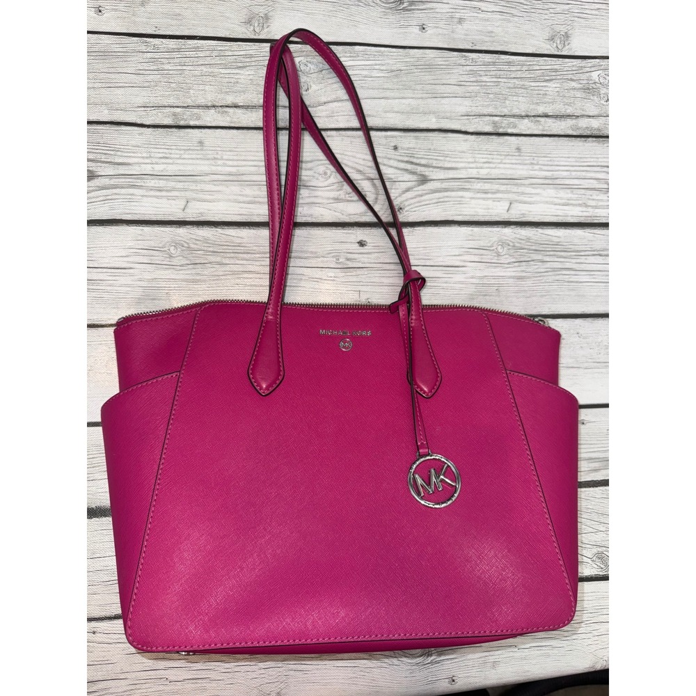 Michael Kors Style Hot Pink Saffiano Tote Bag Silver Tone Hardware Pink Purse